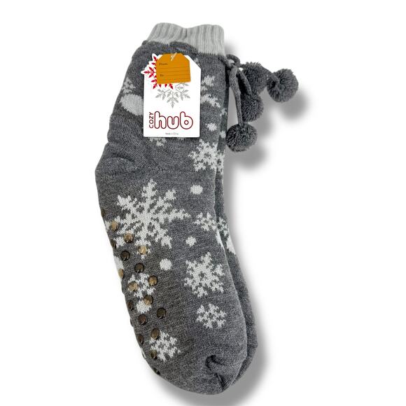 Cozy Hub non skid slipper socks snowflake with pompom winter gray white NEW - Picture 1 of 4